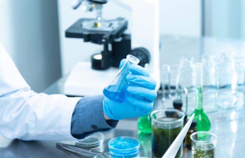 person holding laboratory flask