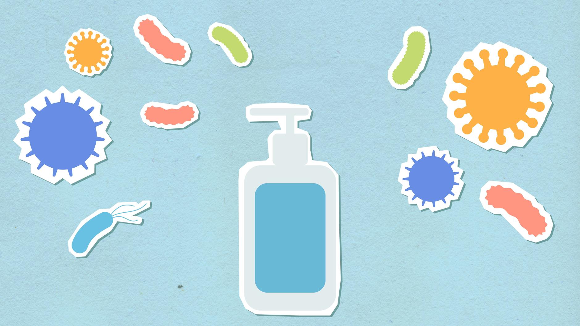 paper cutout of antiseptic and viruses
